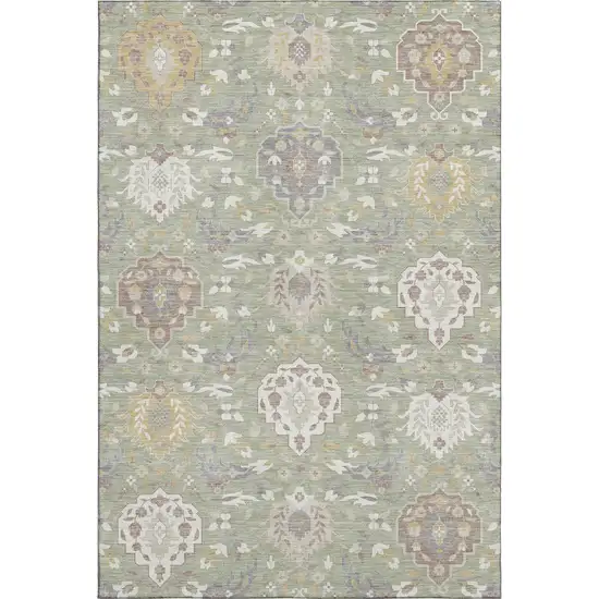 Artichoke Green Gold And Gray Damask Washable Area Rug With UV Protection Photo 1