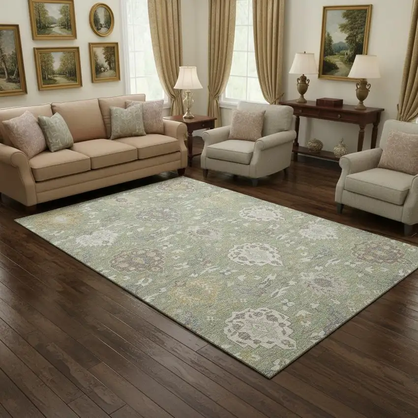 Artichoke Green Gold And Gray Damask Washable Area Rug With UV Protection Photo 2