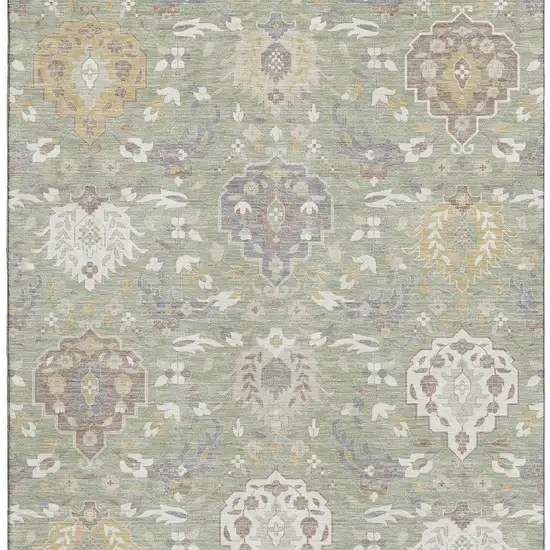 Artichoke Green Gold And Gray Damask Washable Area Rug With UV Protection Photo 2