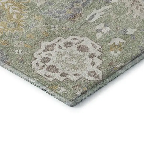 Artichoke Green Gold And Gray Damask Washable Area Rug With UV Protection Photo 7