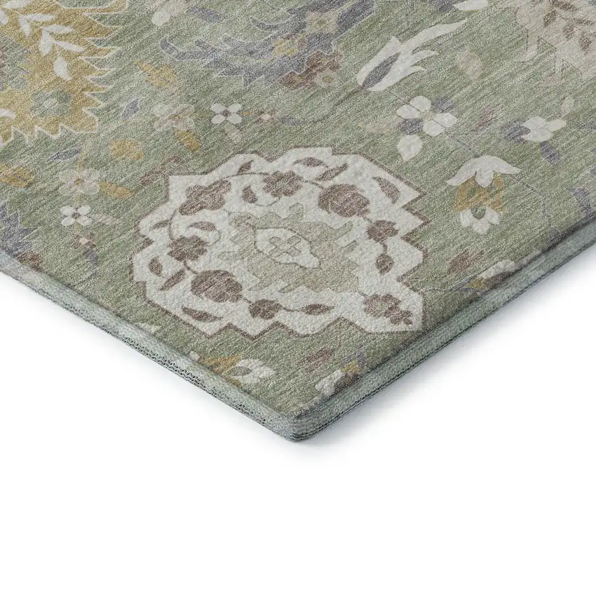 Artichoke Green Gold And Gray Damask Washable Area Rug With UV Protection Photo 7