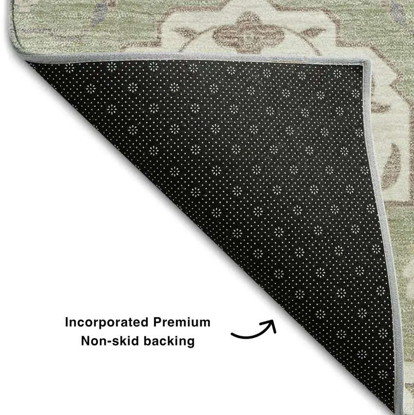 Artichoke Green Gold And Gray Damask Washable Area Rug With UV Protection Photo 6