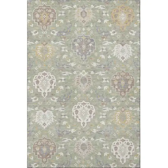 Artichoke Green Gold And Gray Damask Washable Area Rug With UV Protection Photo 3