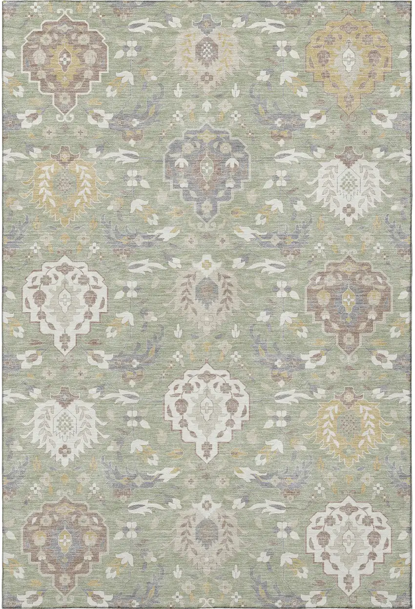 Artichoke Green Gold And Gray Damask Washable Area Rug With UV Protection Photo 3