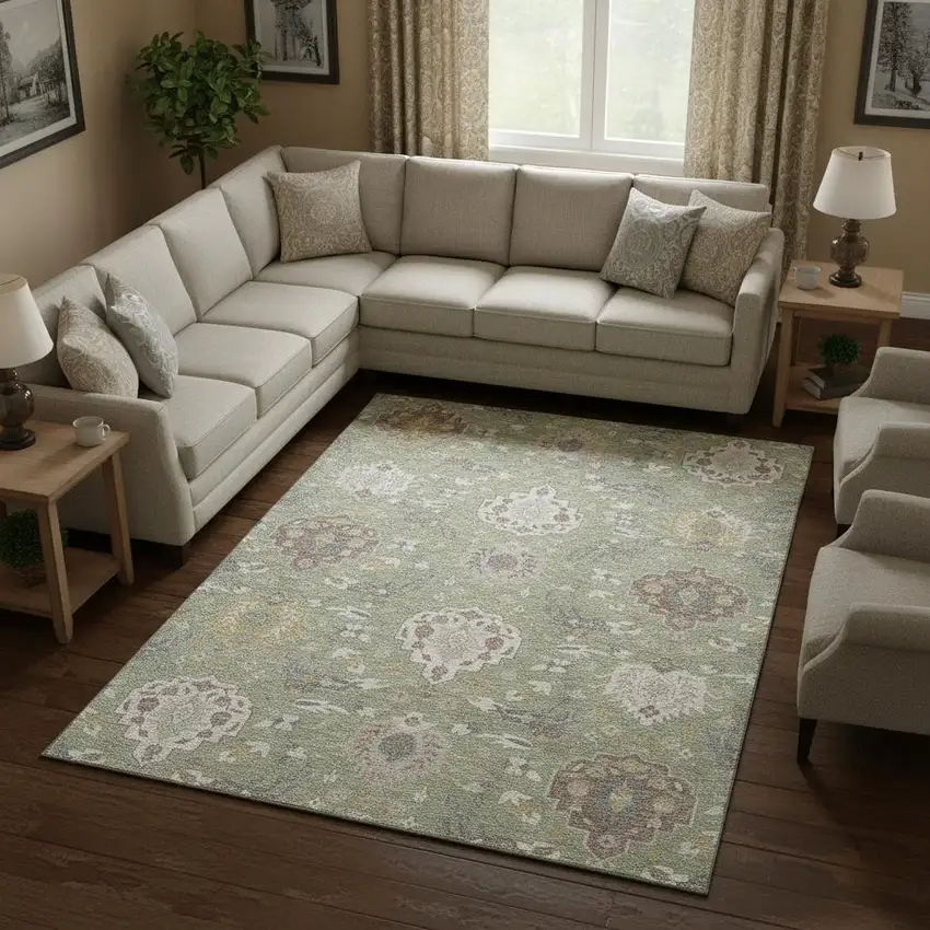 Artichoke Green Gold And Gray Damask Washable Area Rug With UV Protection Photo 2