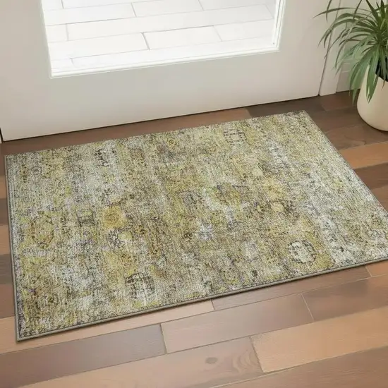 Artichoke Green Gold And Gray Floral Medallion Washable Area Rug With UV Protection Photo 2