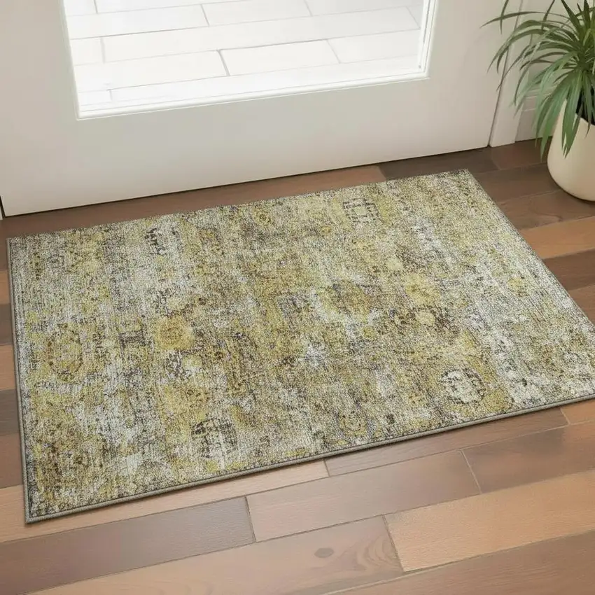 Artichoke Green Gold And Gray Floral Medallion Washable Area Rug With UV Protection Photo 2
