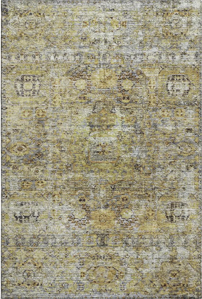 Artichoke Green Gold And Gray Floral Medallion Washable Area Rug With UV Protection Photo 1