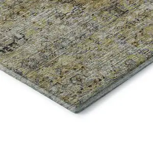 Photo of Artichoke Green Gold And Gray Floral Medallion Washable Area Rug With UV Protection