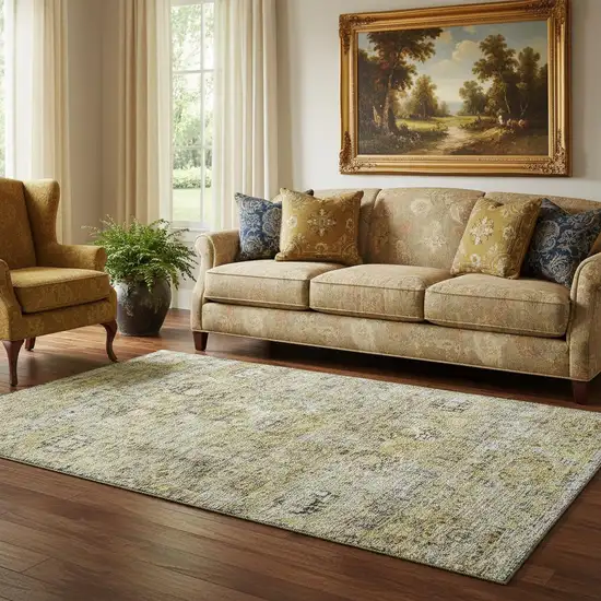 Artichoke Green Gold And Gray Floral Medallion Washable Area Rug With UV Protection Photo 2