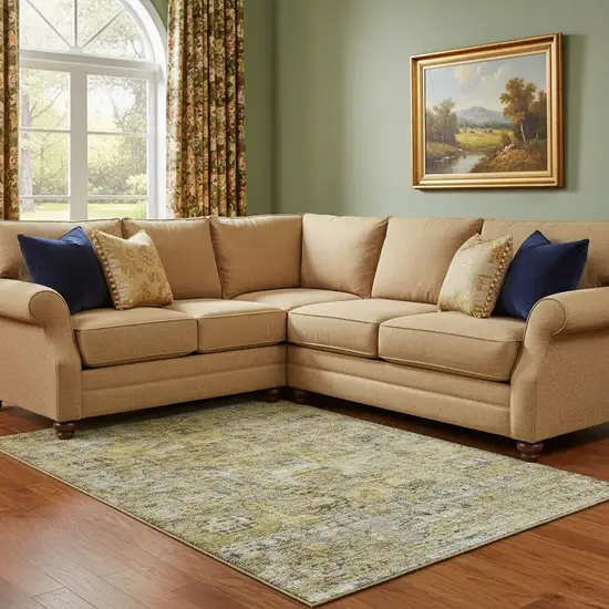 Artichoke Green Gold And Gray Floral Medallion Washable Area Rug With UV Protection Photo 2