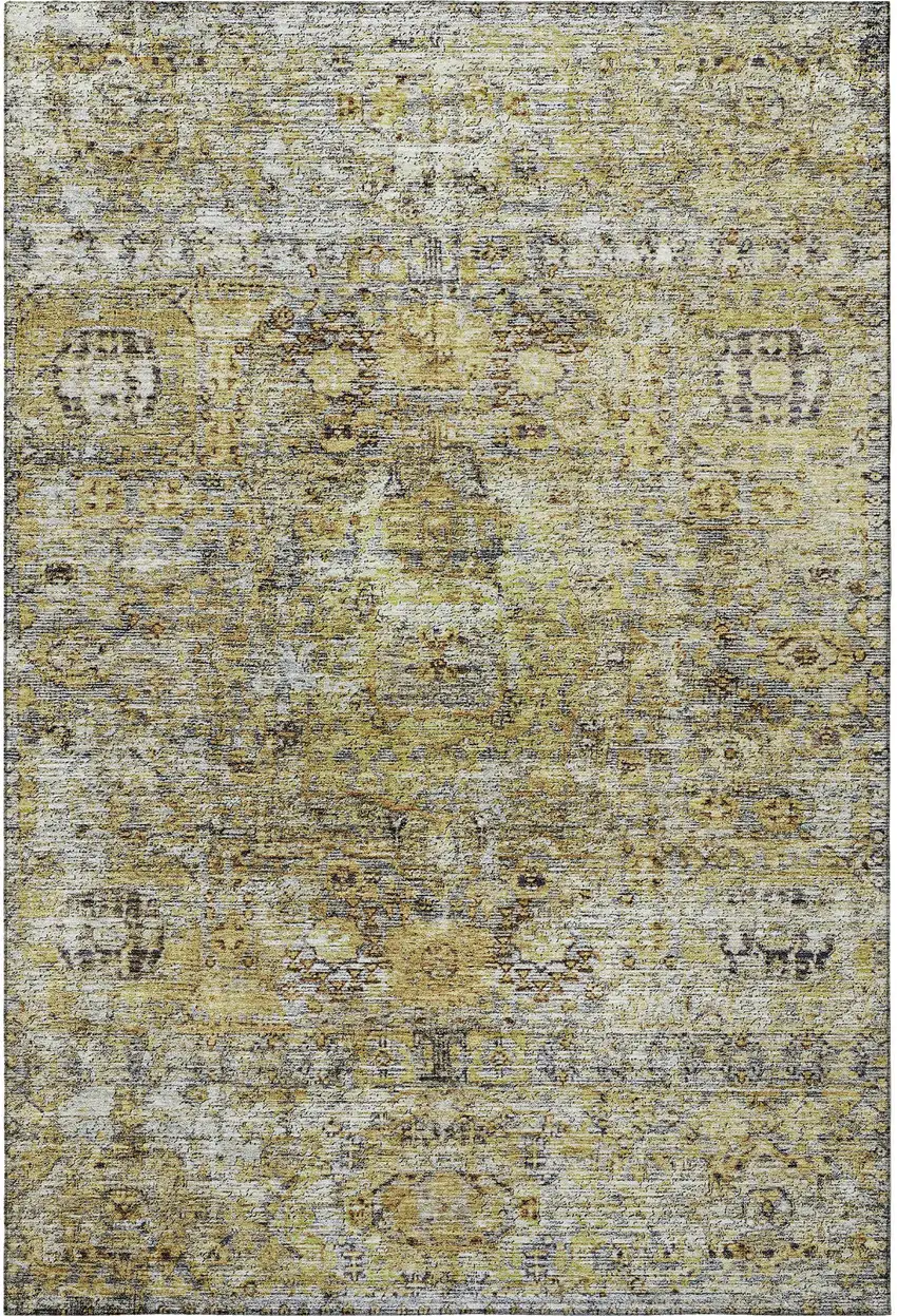 Artichoke Green Gold And Gray Floral Medallion Washable Area Rug With UV Protection Photo 3