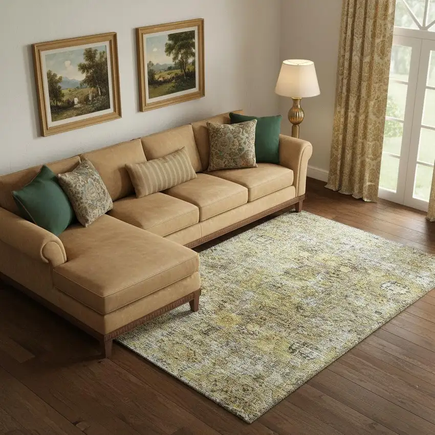 Artichoke Green Gold And Gray Floral Medallion Washable Area Rug With UV Protection Photo 2