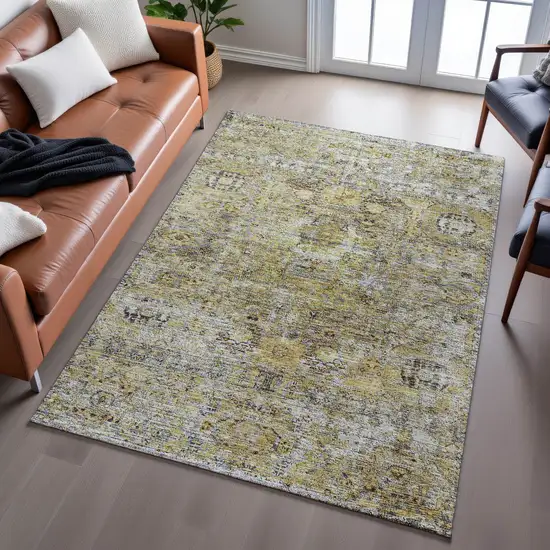 Artichoke Green Gold And Gray Floral Medallion Washable Area Rug With UV Protection Photo 6