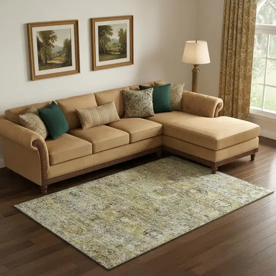 Artichoke Green Gold And Gray Floral Medallion Washable Area Rug With UV Protection Photo 2