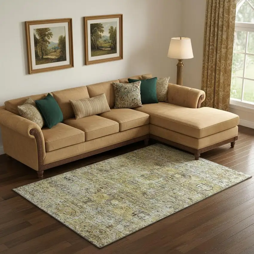 Artichoke Green Gold And Gray Floral Medallion Washable Area Rug With UV Protection Photo 2