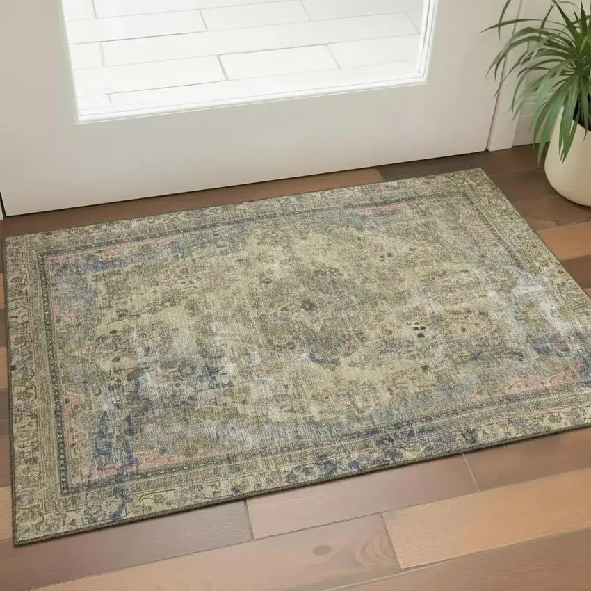 Artichoke Green Gold And Gray Floral Medallion Washable Area Rug With UV Protection Photo 2