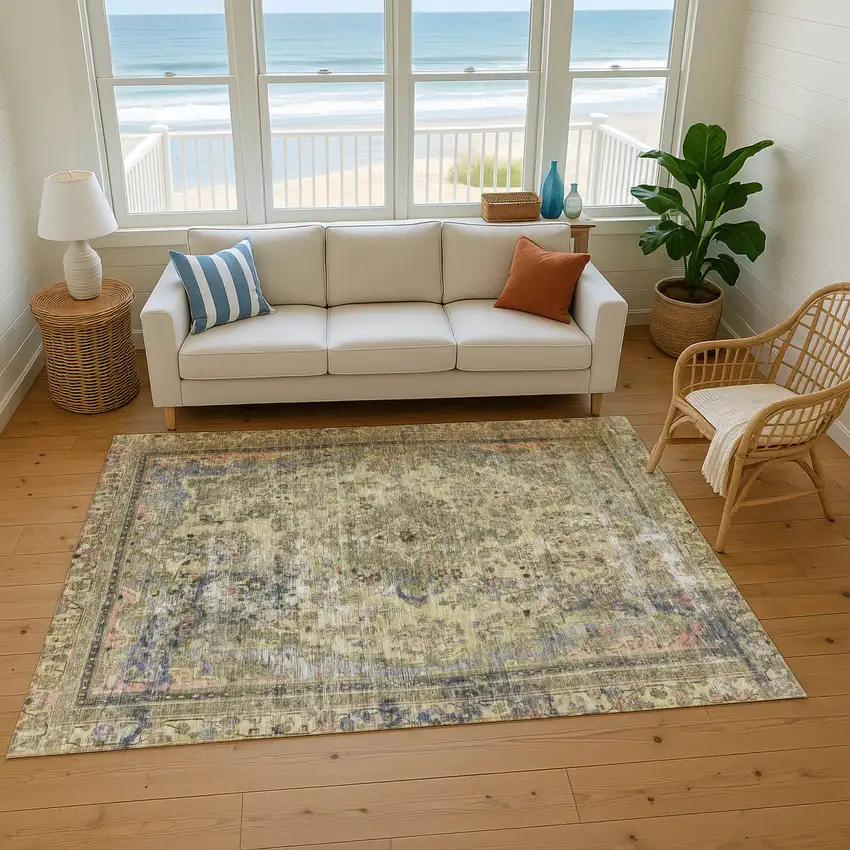 Artichoke Green Gold And Gray Floral Medallion Washable Area Rug With UV Protection Photo 5