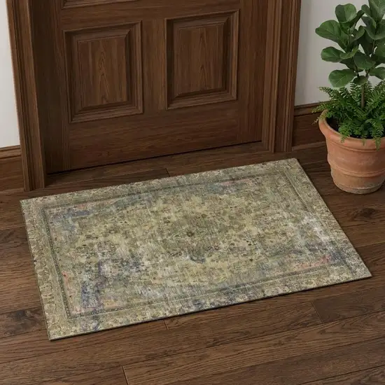 Artichoke Green Gold And Gray Floral Medallion Washable Area Rug With UV Protection Photo 1