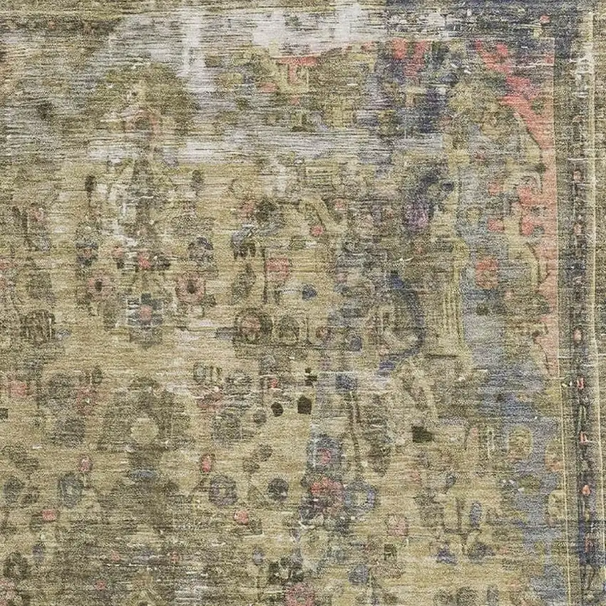 Artichoke Green Gold And Gray Floral Medallion Washable Area Rug With UV Protection Photo 2