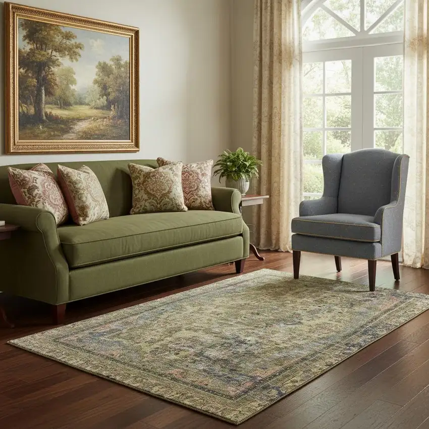 Artichoke Green Gold And Gray Floral Medallion Washable Area Rug With UV Protection Photo 2