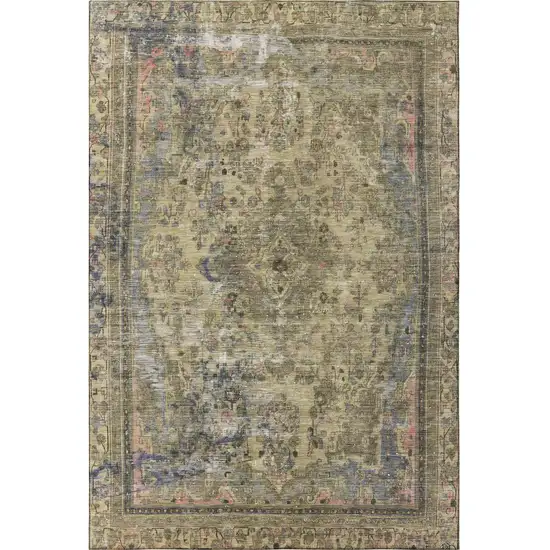 Artichoke Green Gold And Gray Floral Medallion Washable Area Rug With UV Protection Photo 3
