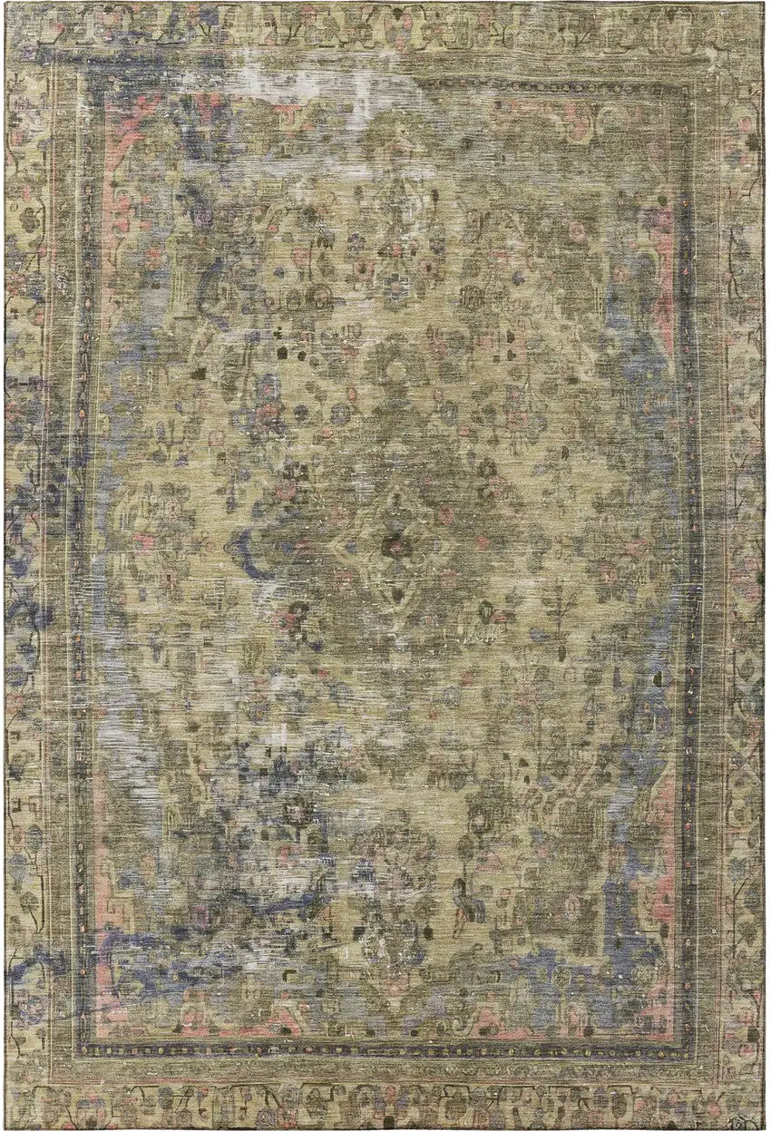 Artichoke Green Gold And Gray Floral Medallion Washable Area Rug With UV Protection Photo 3