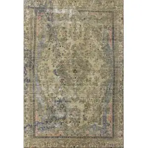 Photo of Artichoke Green Gold And Gray Floral Medallion Washable Area Rug With UV Protection