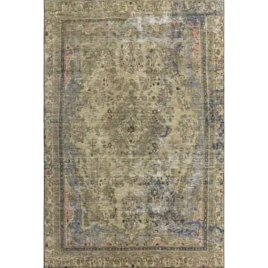 Artichoke Green Gold And Gray Floral Medallion Washable Area Rug With UV Protection Photo 1