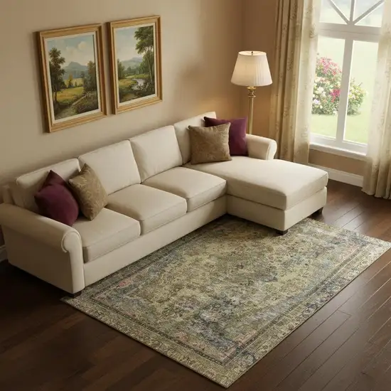 Artichoke Green Gold And Gray Floral Medallion Washable Area Rug With UV Protection Photo 2