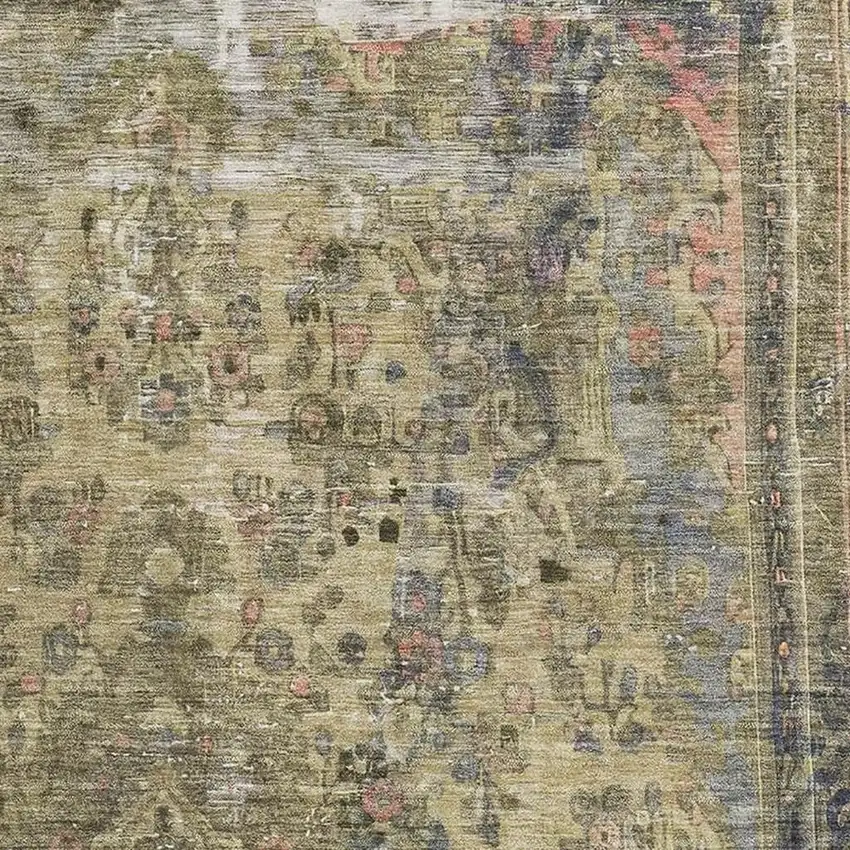 Artichoke Green Gold And Gray Floral Medallion Washable Area Rug With UV Protection Photo 2