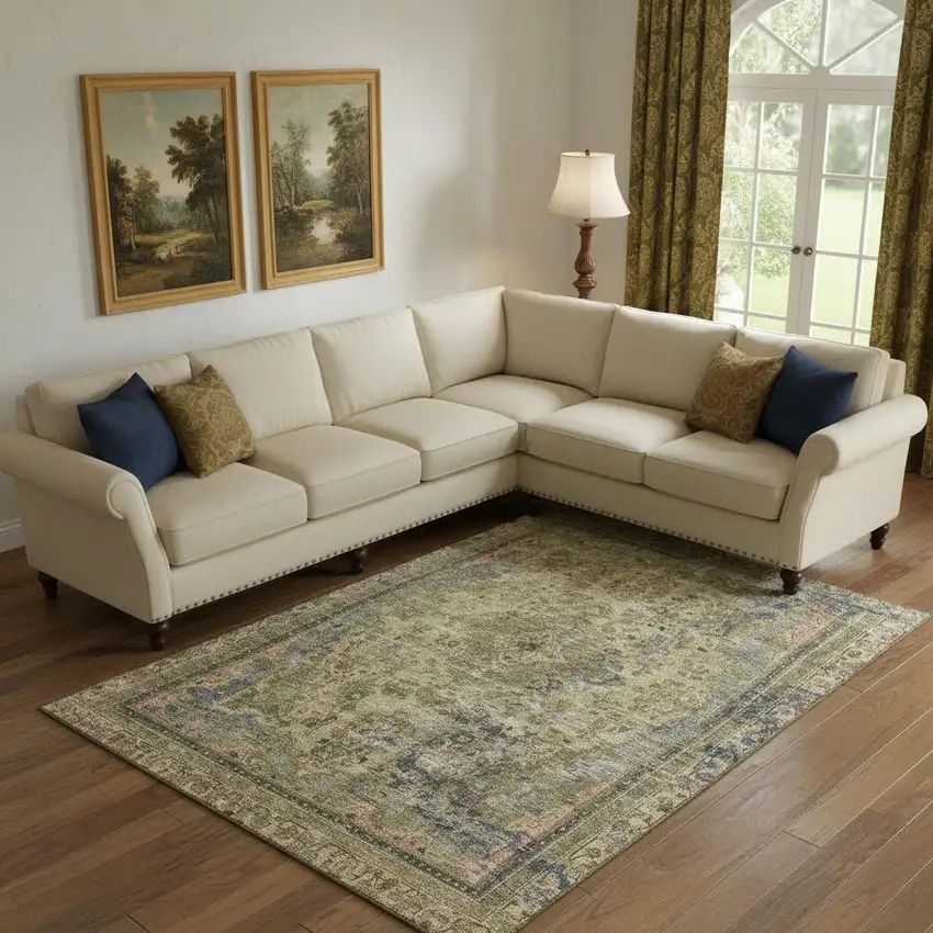 Artichoke Green Gold And Gray Floral Medallion Washable Area Rug With UV Protection Photo 2