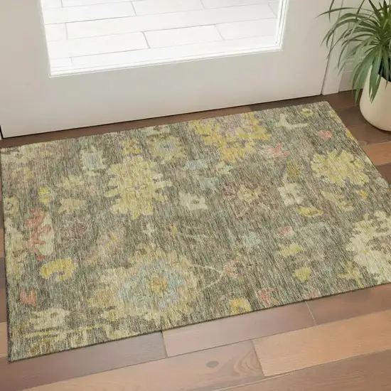 Artichoke Green Gold And Gray Floral Washable Area Rug With UV Protection Photo 1
