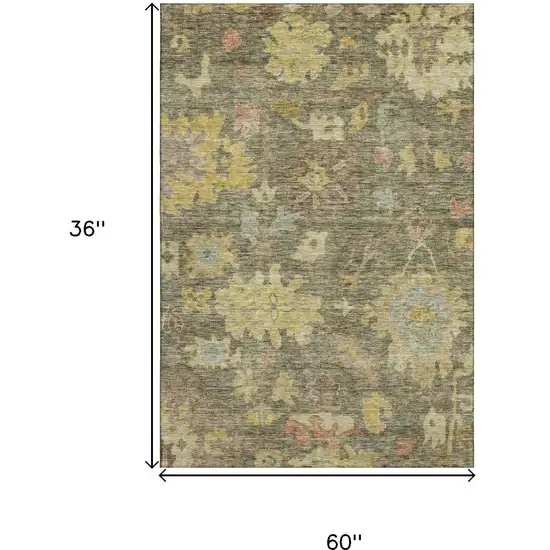 Artichoke Green Gold And Gray Floral Washable Area Rug With UV Protection Photo 8