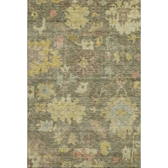 Artichoke Green Gold And Gray Floral Washable Area Rug With UV Protection Photo 4