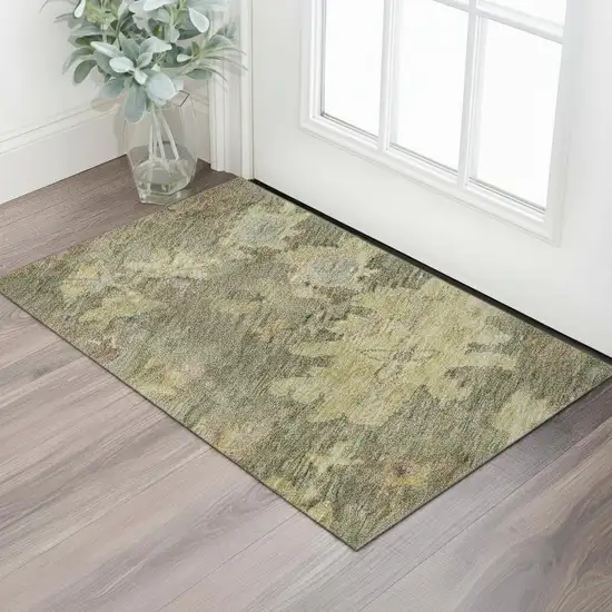 Artichoke Green Gold And Gray Floral Washable Area Rug With UV Protection Photo 2