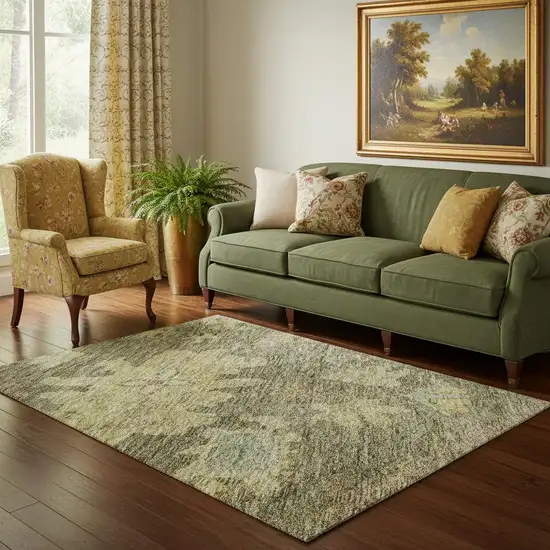 Artichoke Green Gold And Gray Floral Washable Area Rug With UV Protection Photo 2