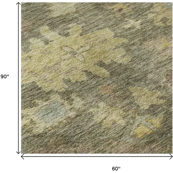 Artichoke Green Gold And Gray Floral Washable Area Rug With UV Protection Photo 8