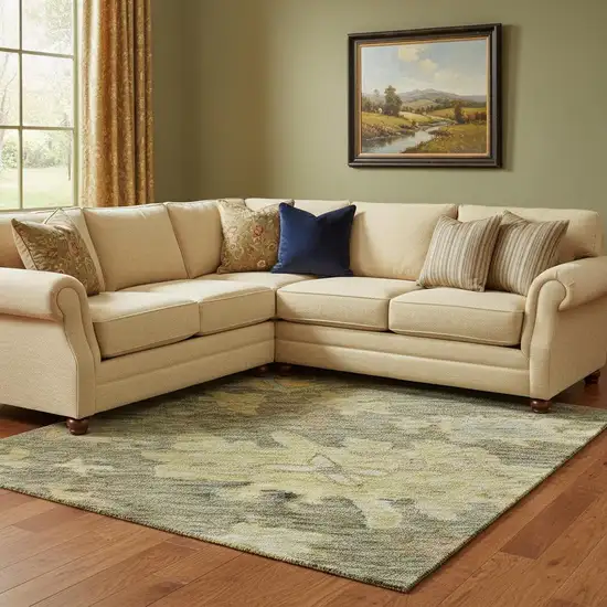 Artichoke Green Gold And Gray Floral Washable Area Rug With UV Protection Photo 2