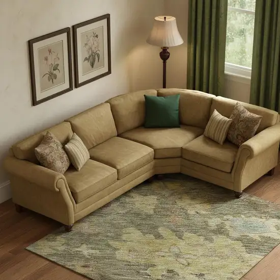 Artichoke Green Gold And Gray Floral Washable Area Rug With UV Protection Photo 2