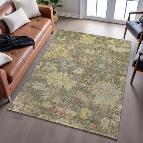Artichoke Green Gold And Gray Floral Washable Area Rug With UV Protection Photo 4