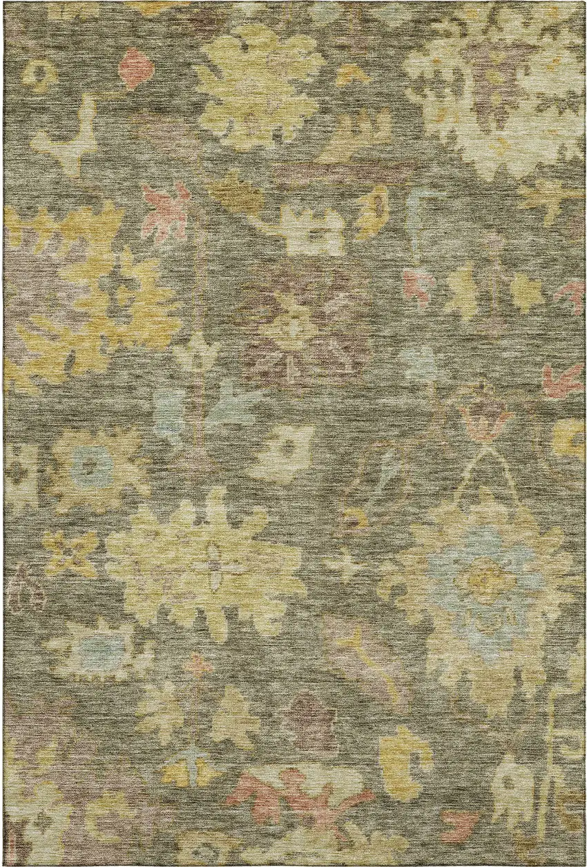 Artichoke Green Gold And Gray Floral Washable Area Rug With UV Protection Photo 5