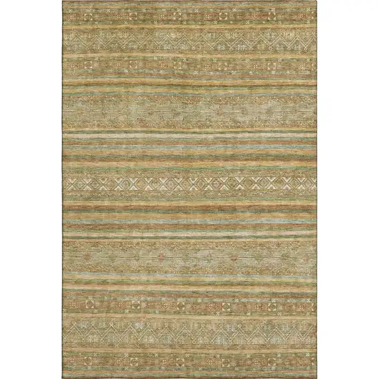 Artichoke Green Gold And Gray Striped Washable Area Rug With UV Protection Photo 3