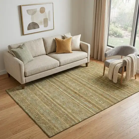 Artichoke Green Gold And Gray Striped Washable Area Rug With UV Protection Photo 1