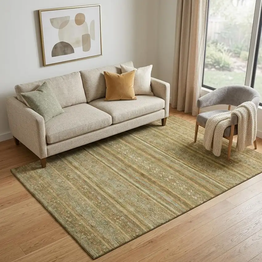 Artichoke Green Gold And Gray Striped Washable Area Rug With UV Protection Photo 1