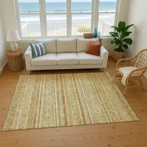 Photo of Artichoke Green Gold And Gray Striped Washable Area Rug With UV Protection