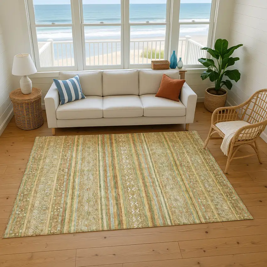 Artichoke Green Gold And Gray Striped Washable Area Rug With UV Protection Photo 1