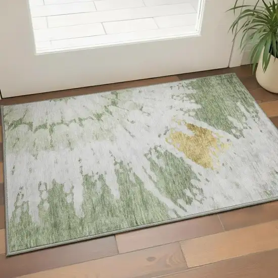 Artichoke Green Gold And Ivory Abstract Washable Area Rug With UV Protection Photo 2