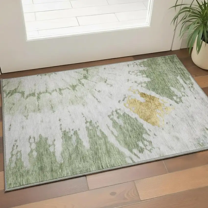 Artichoke Green Gold And Ivory Abstract Washable Area Rug With UV Protection Photo 2