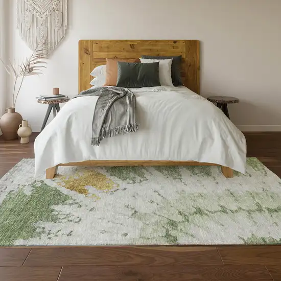 Artichoke Green Gold And Ivory Abstract Washable Area Rug With UV Protection Photo 5